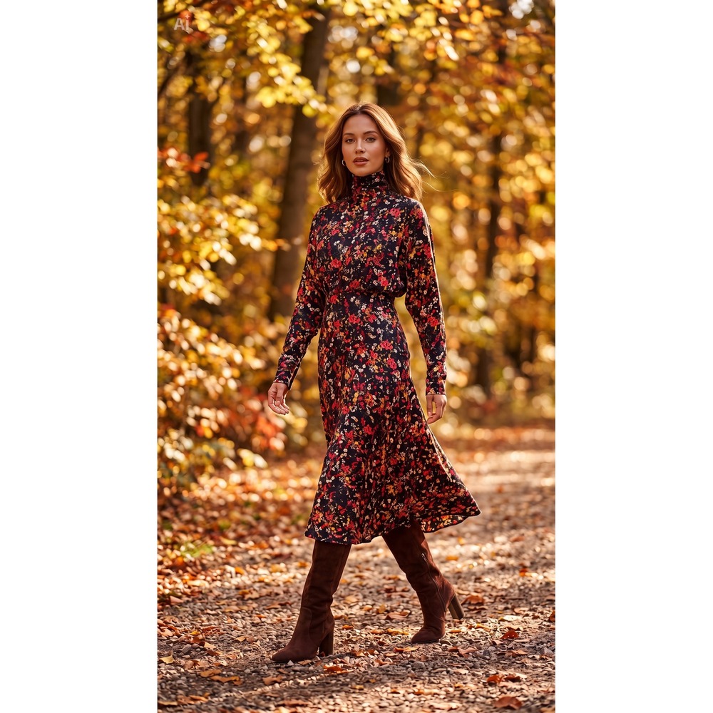 Something Navy Floral High Neck Fall Colors Midi Dress Long Sleeve Size Small
